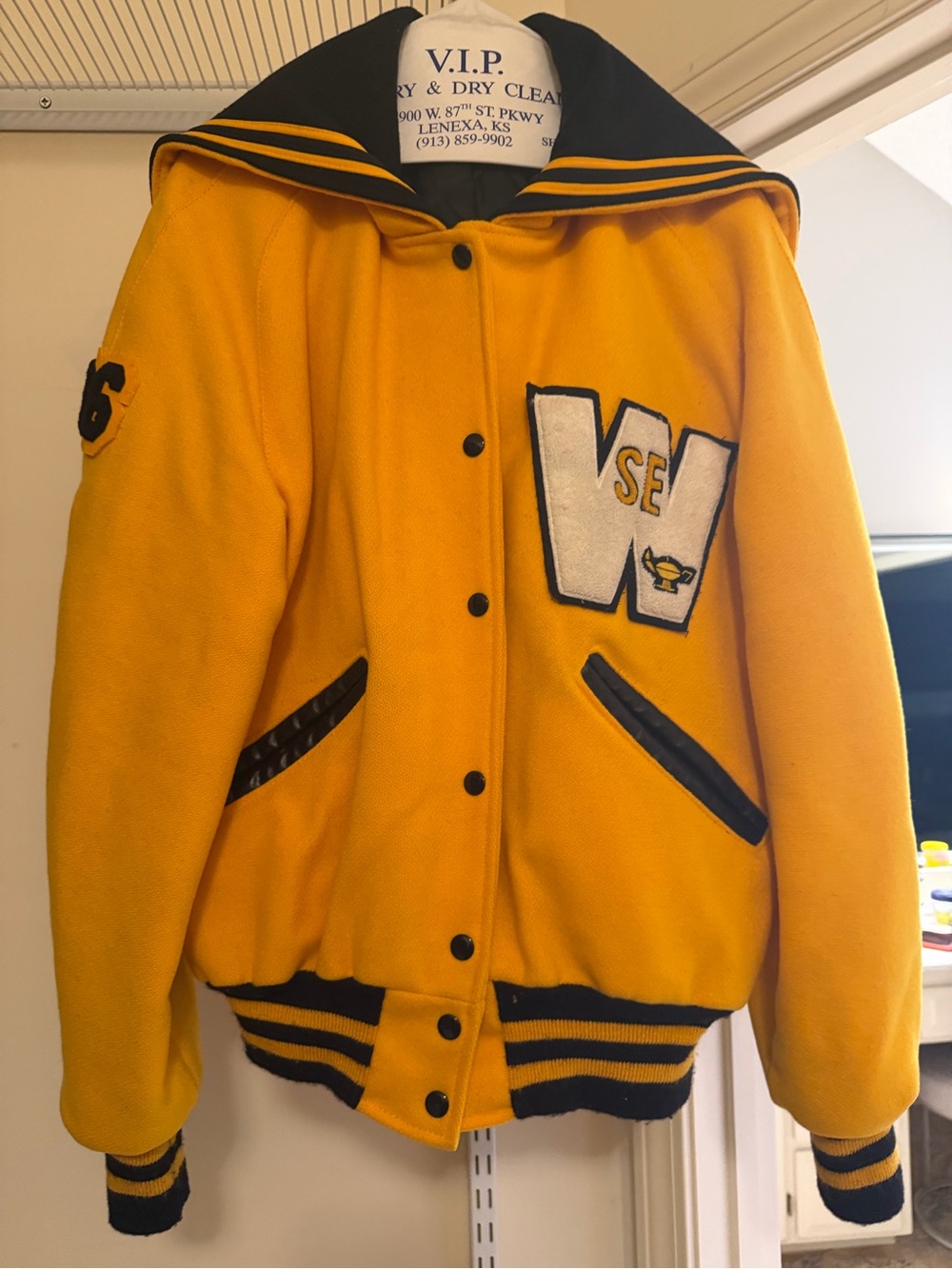 Gold Wool Varsity Letterman Jacket with Black Trim